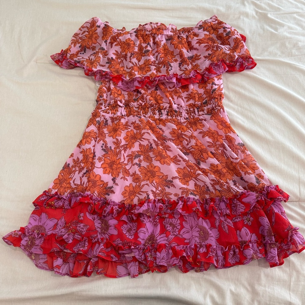 Jessica Simpson Off Shoulder Floral Ruffle Mini Dress Pink/Red Size M NWT - Picture 2 of 3